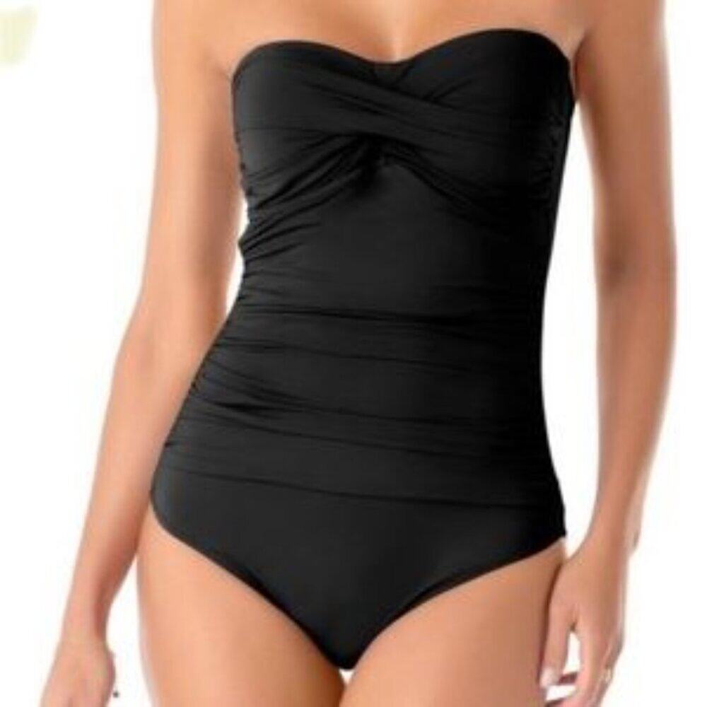 Anne Cole Black Twist Front Shirred One Piece Strapless Swimsuit Size XXL